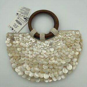 NWT ZARA Half Moon Bag Chain Purse Genuine Shell White Wood Handles Coquette